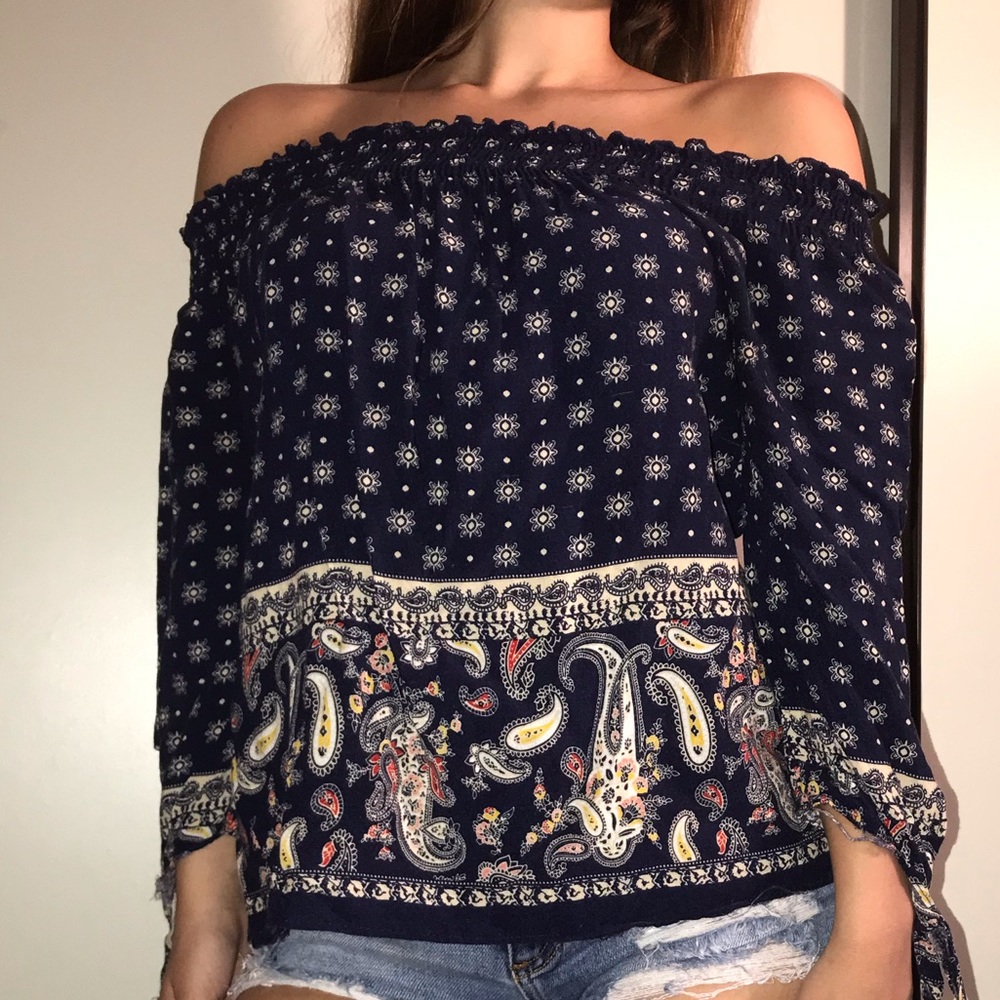 Patterned off the shoulder blouse.